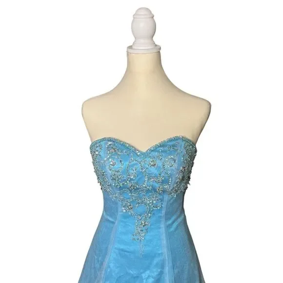 Davids Bridal Beaded Strapless Blue Dress Prom Flower Girl Gown Corset Tulle 0 - Picture 3 of 12